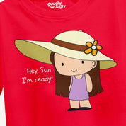 Red croptop with a cartoon character wearing a sun hat and text 'Hey, Sun I'm ready!' on a red background.