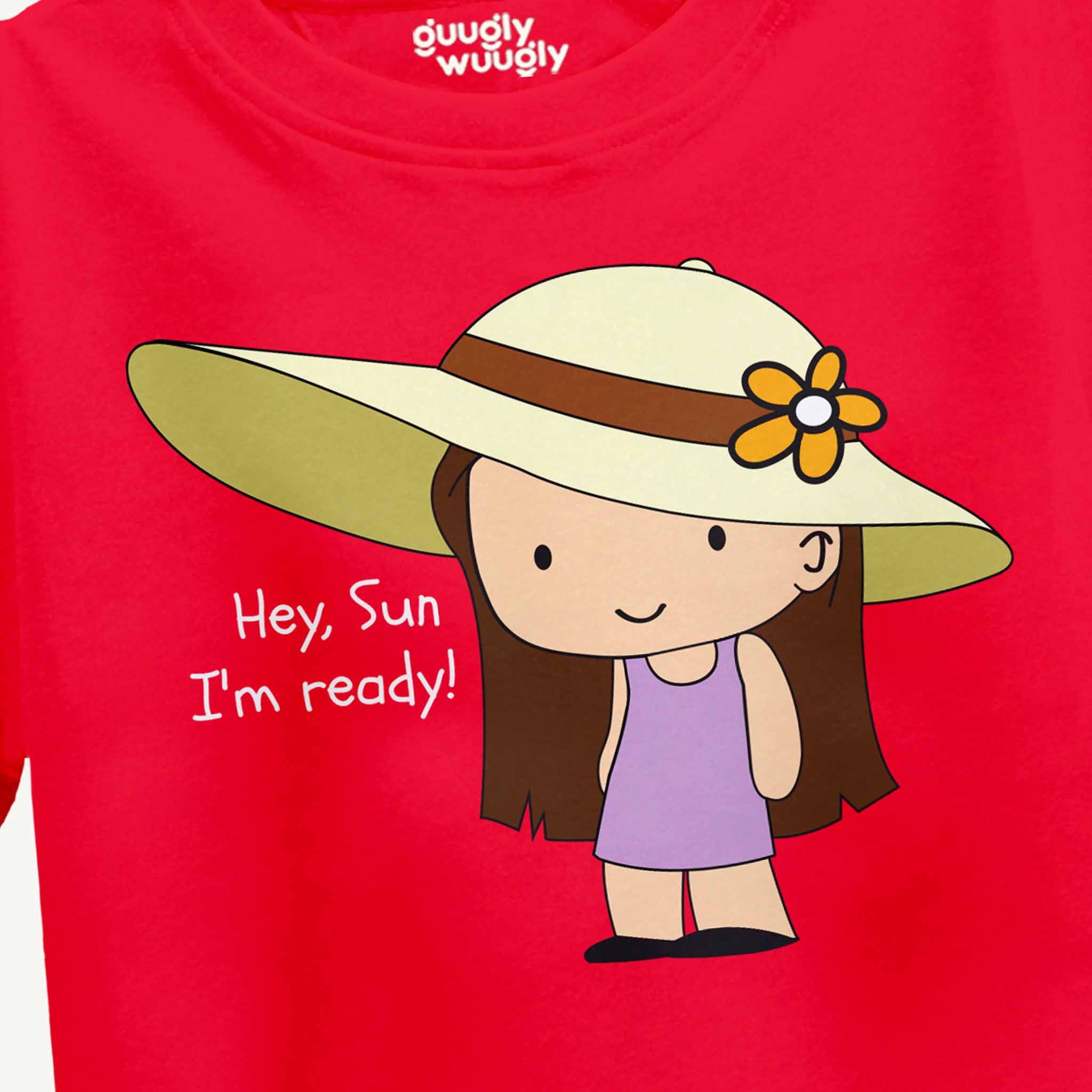 Red croptop with a cartoon character wearing a sun hat and text 'Hey, Sun I'm ready!' on a red background.