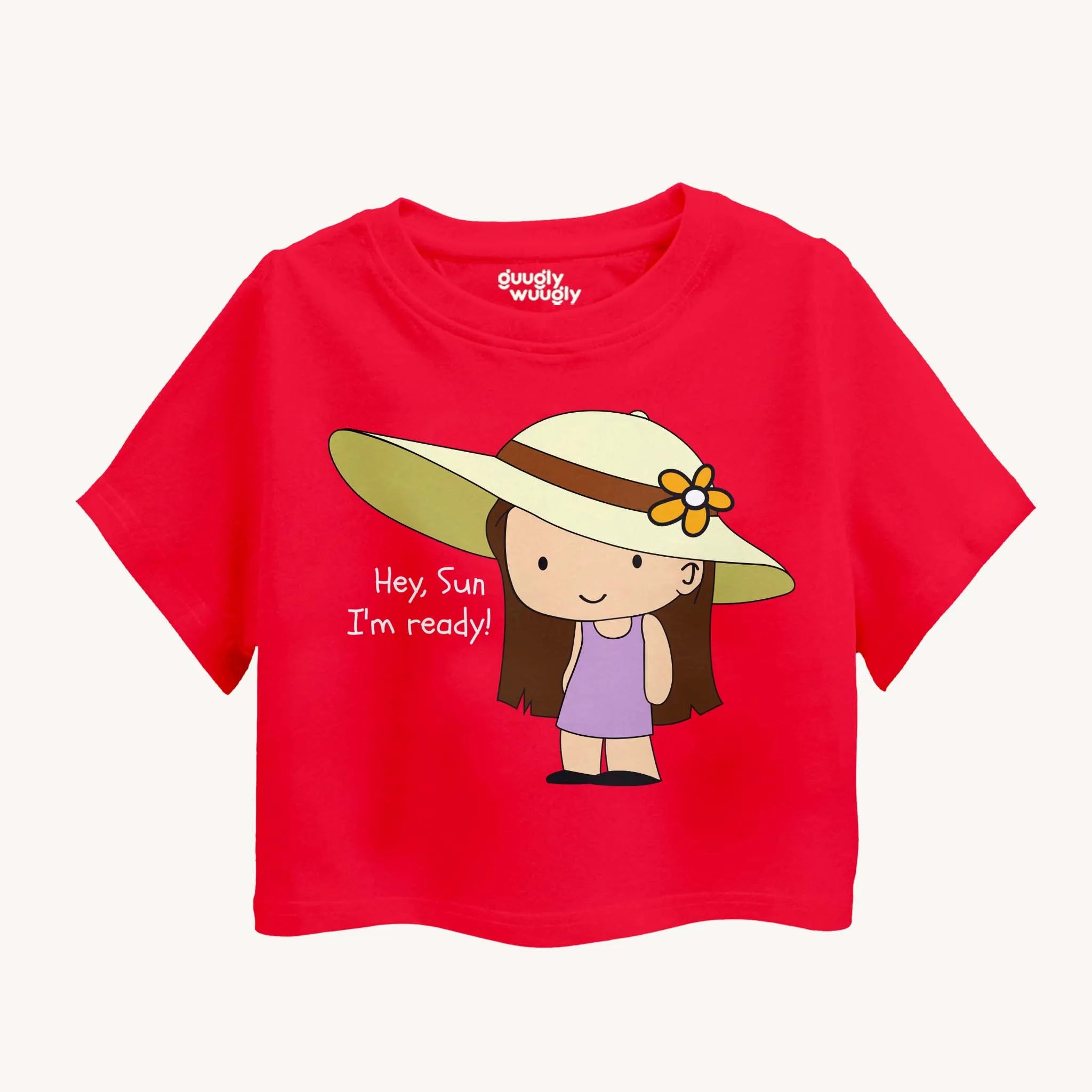 Red croptop with a sweet girl wearing hat