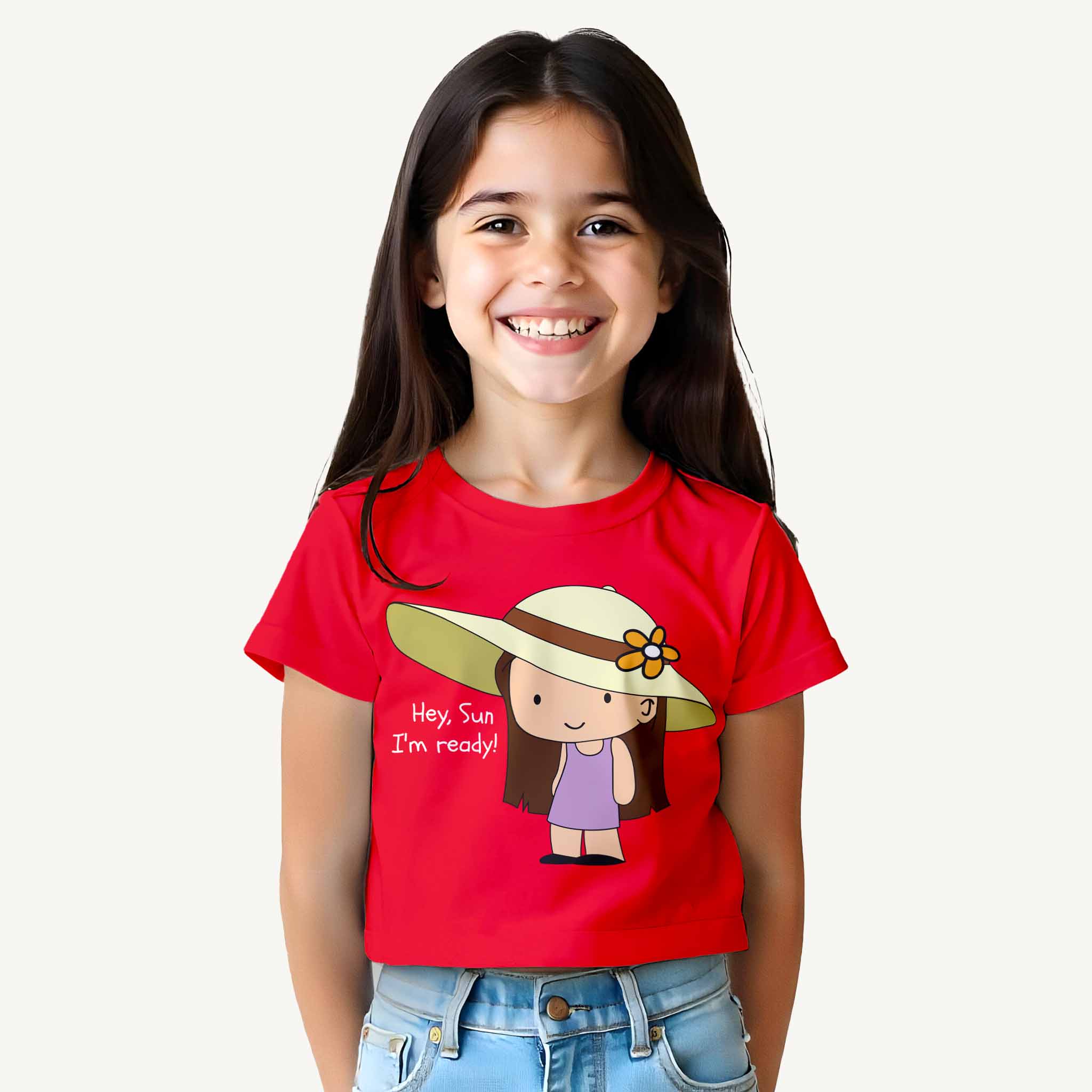 Young girl wearing a red croptop with a cartoon character and text on a white background