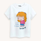 White t-shirt with a cartoon character and text on a white background