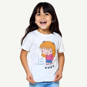 Child wearing a white t-shirt with a cartoon character and text on a white background