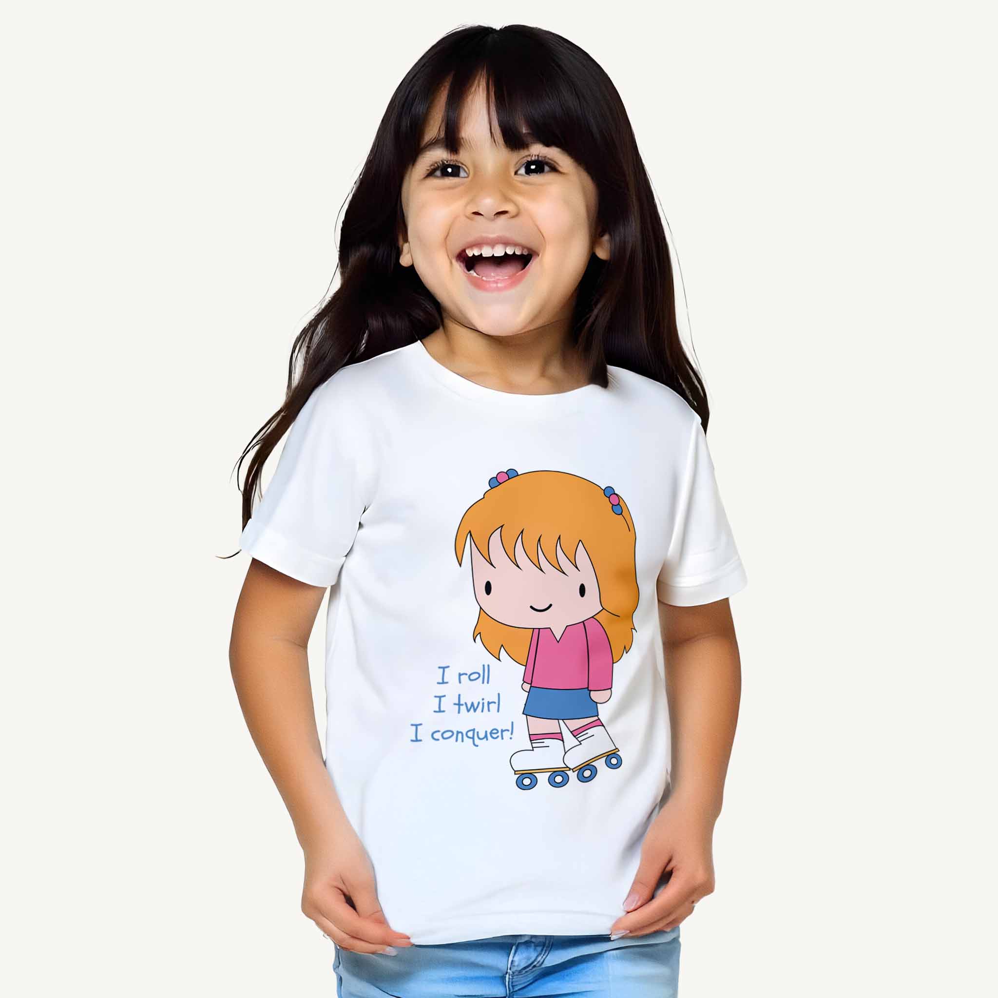 Child wearing a white t-shirt with a cartoon character and text on a white background