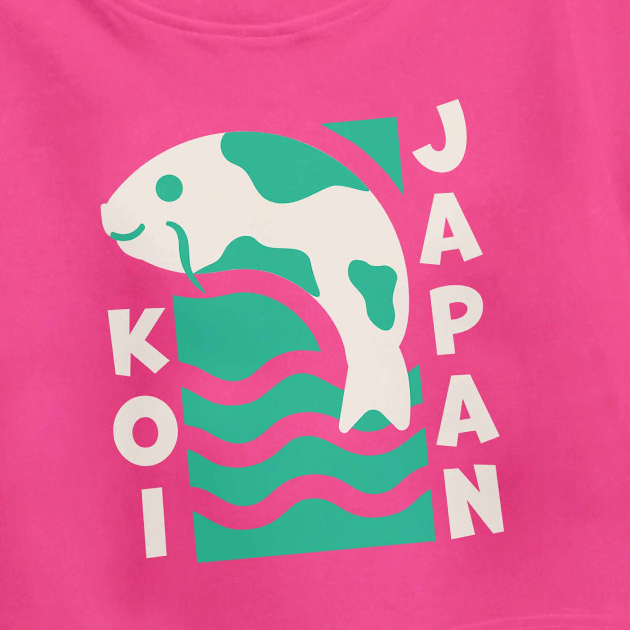 Pink t-shirt with a fish design and 'Koi Japan' text on a pink background