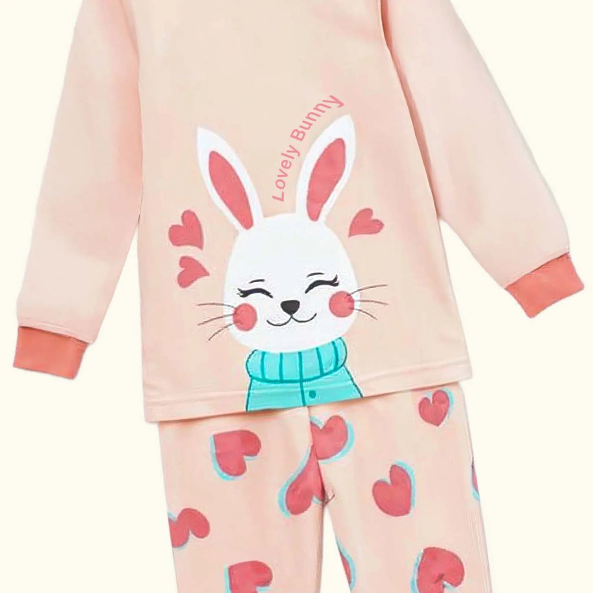 Children's pajama set with a bunny design on a light pink background