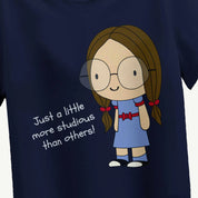Navy blue t-shirt with a cartoon character and text on a white background