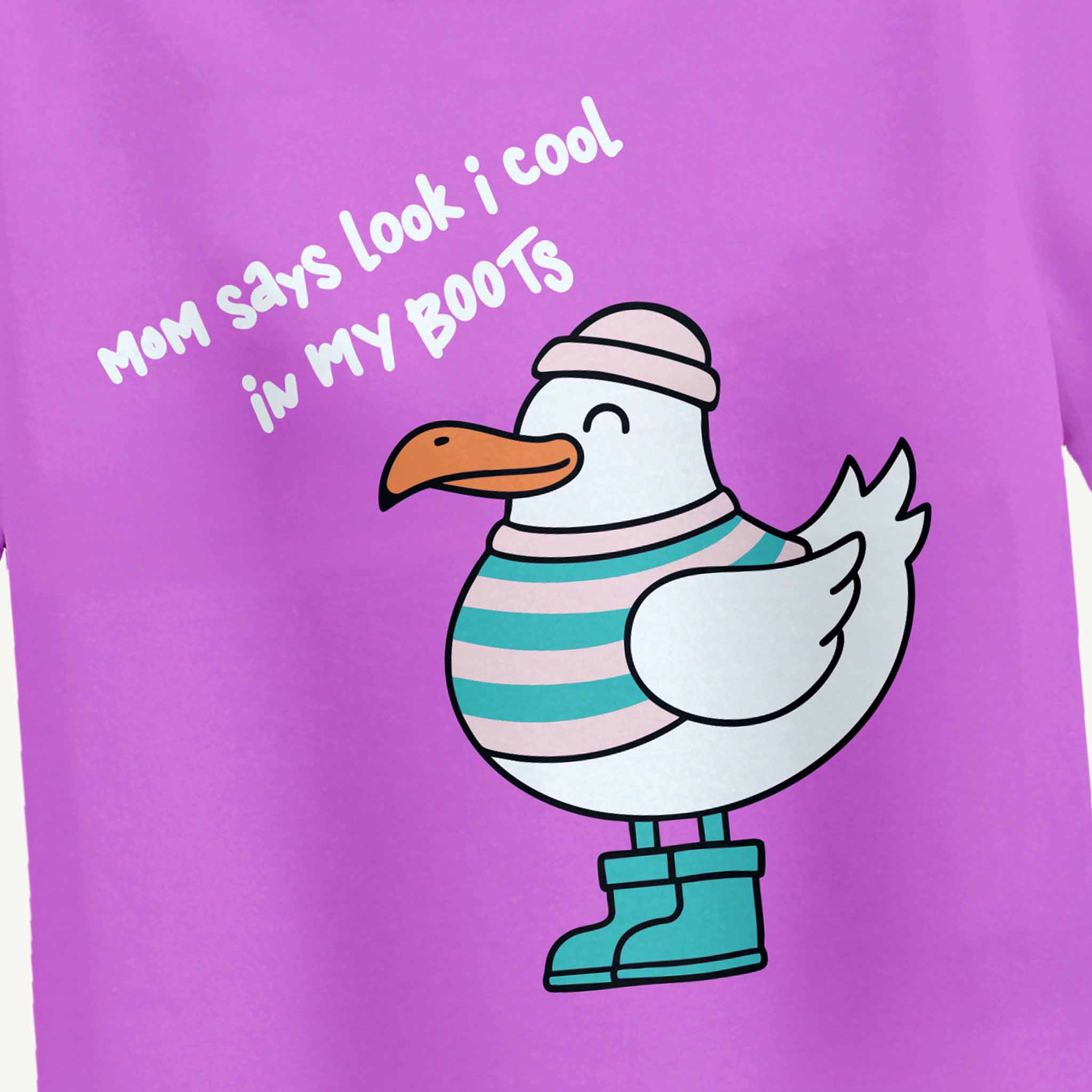 Purple shirt with a cartoon seagull wearing boots and a hat, and text on a purple background.