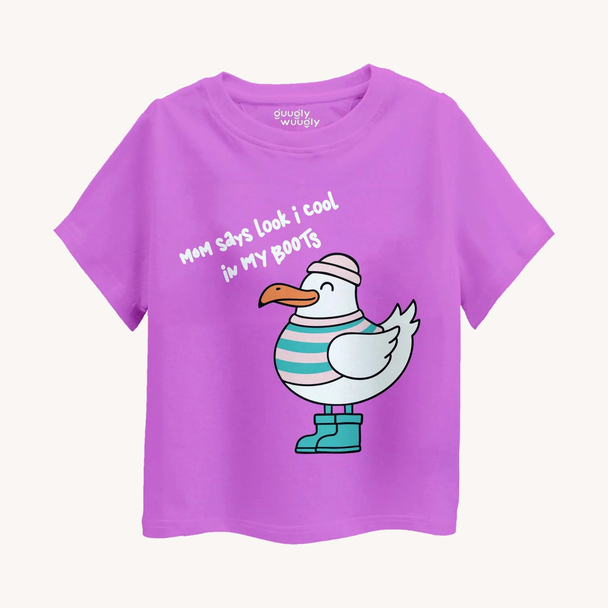 Purple t-shirt with a cartoon duck wearing striped socks and text on a white background