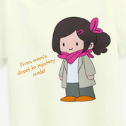 Cartoon character with a pink scarf and text on a beige background