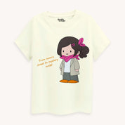 Off-white t-shirt with a cartoon character and text on a white background