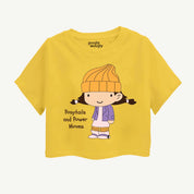 Yellow croptop with a cartoon character and text on a white background