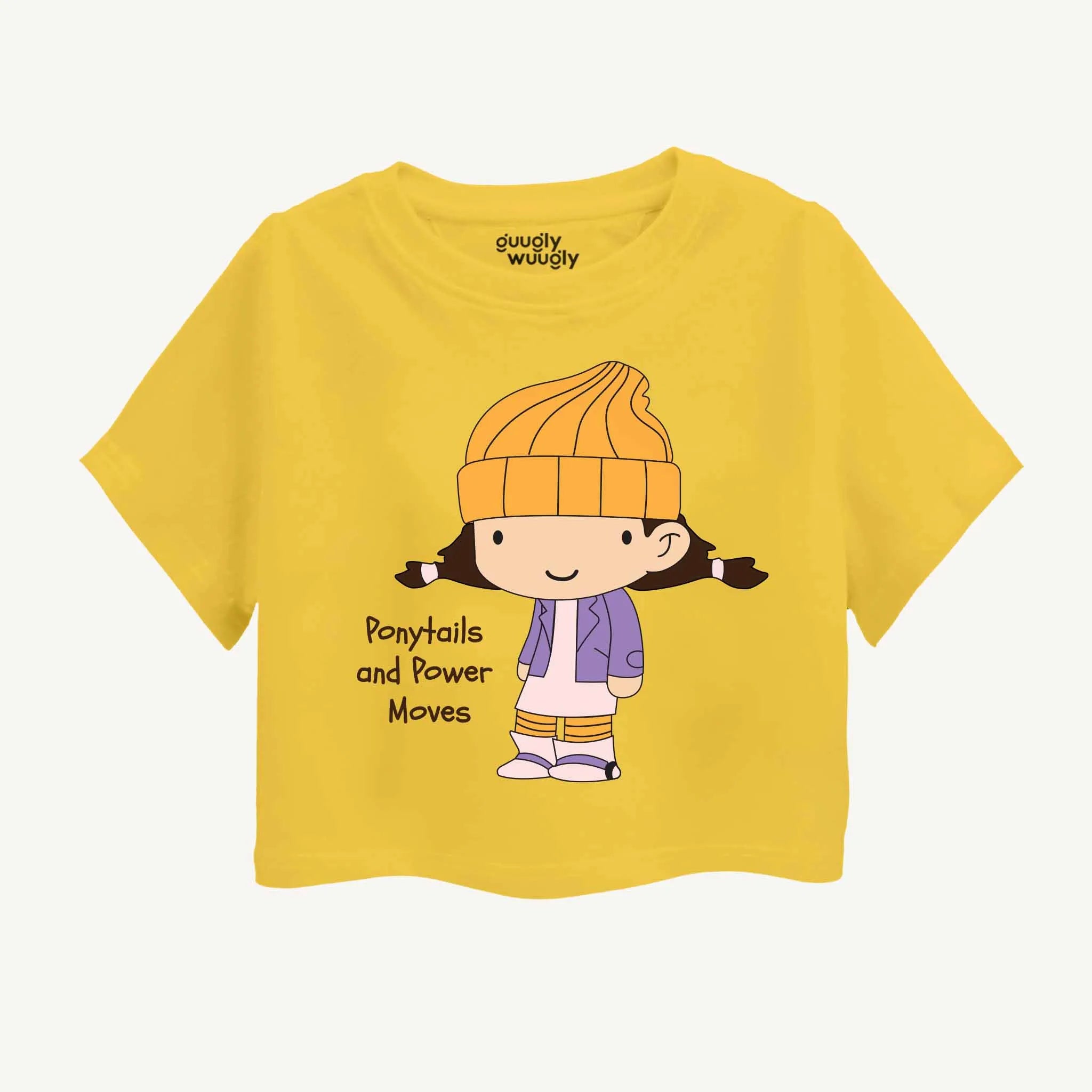 Yellow croptop with a cartoon character and text on a white background