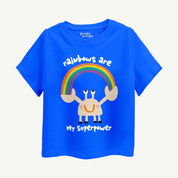 Blue t-shirt with a cartoon crab holding a rainbow and text on a white background.
