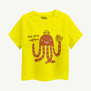 Yellow t-shirt with an octopus graphic and text on a white background.