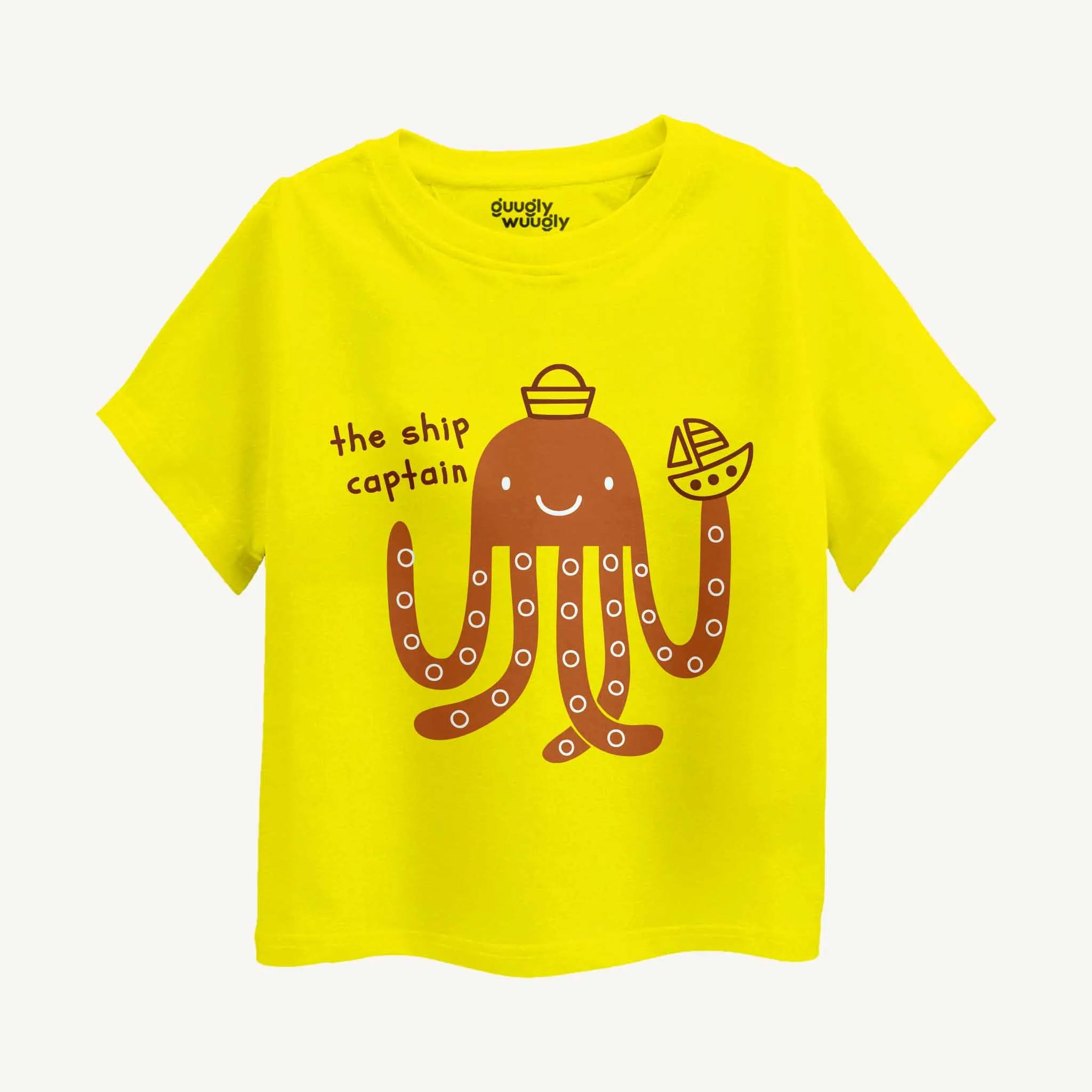 Yellow t-shirt with an octopus graphic and text on a white background.