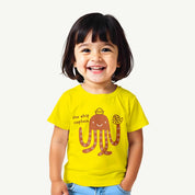 Child wearing a yellow t-shirt with an octopus design and text on a white background.