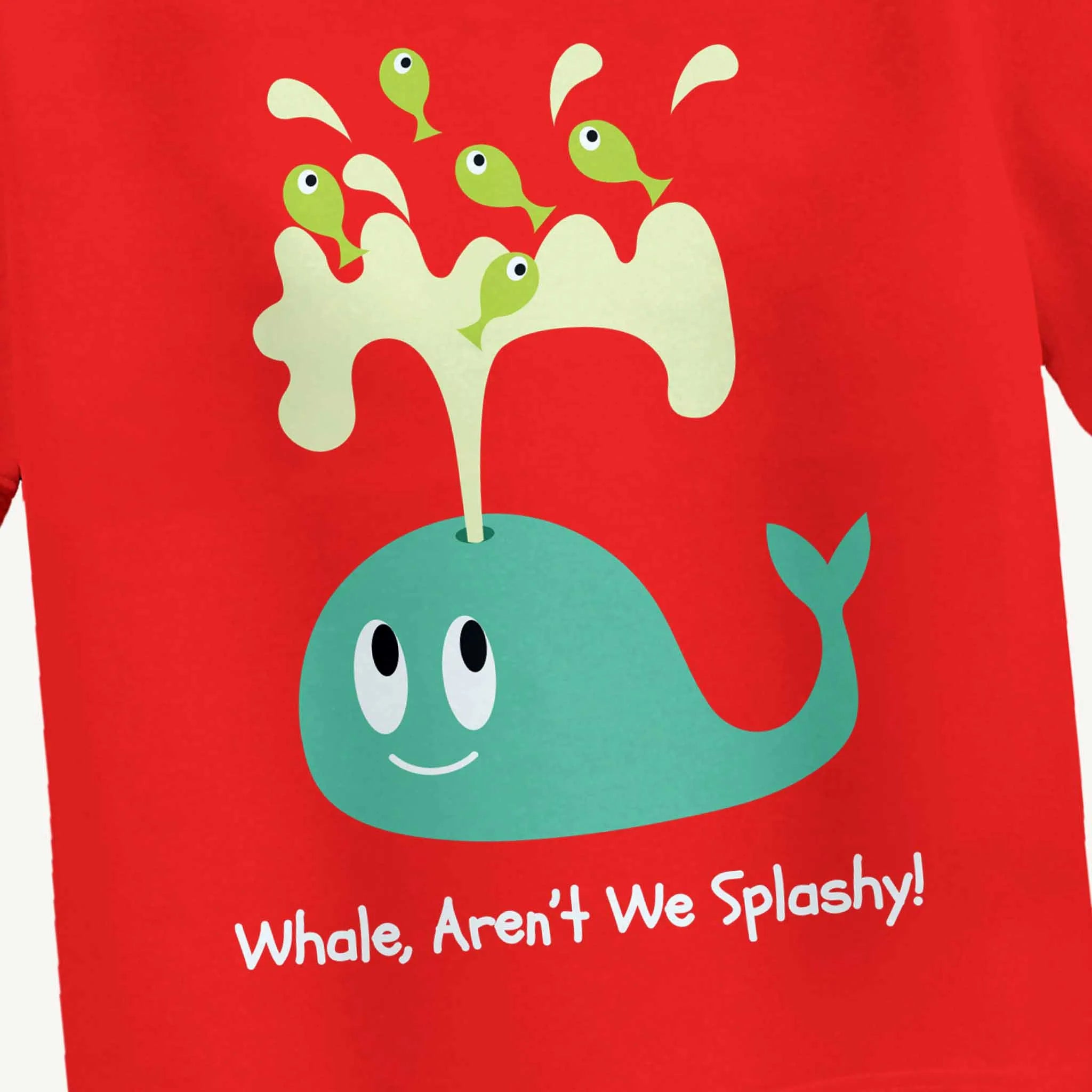Red t-shirt with a cartoon whale and fish design on a red background.