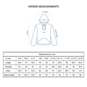 Hoodie measurement chart with a diagram of a hoodie and size chart.