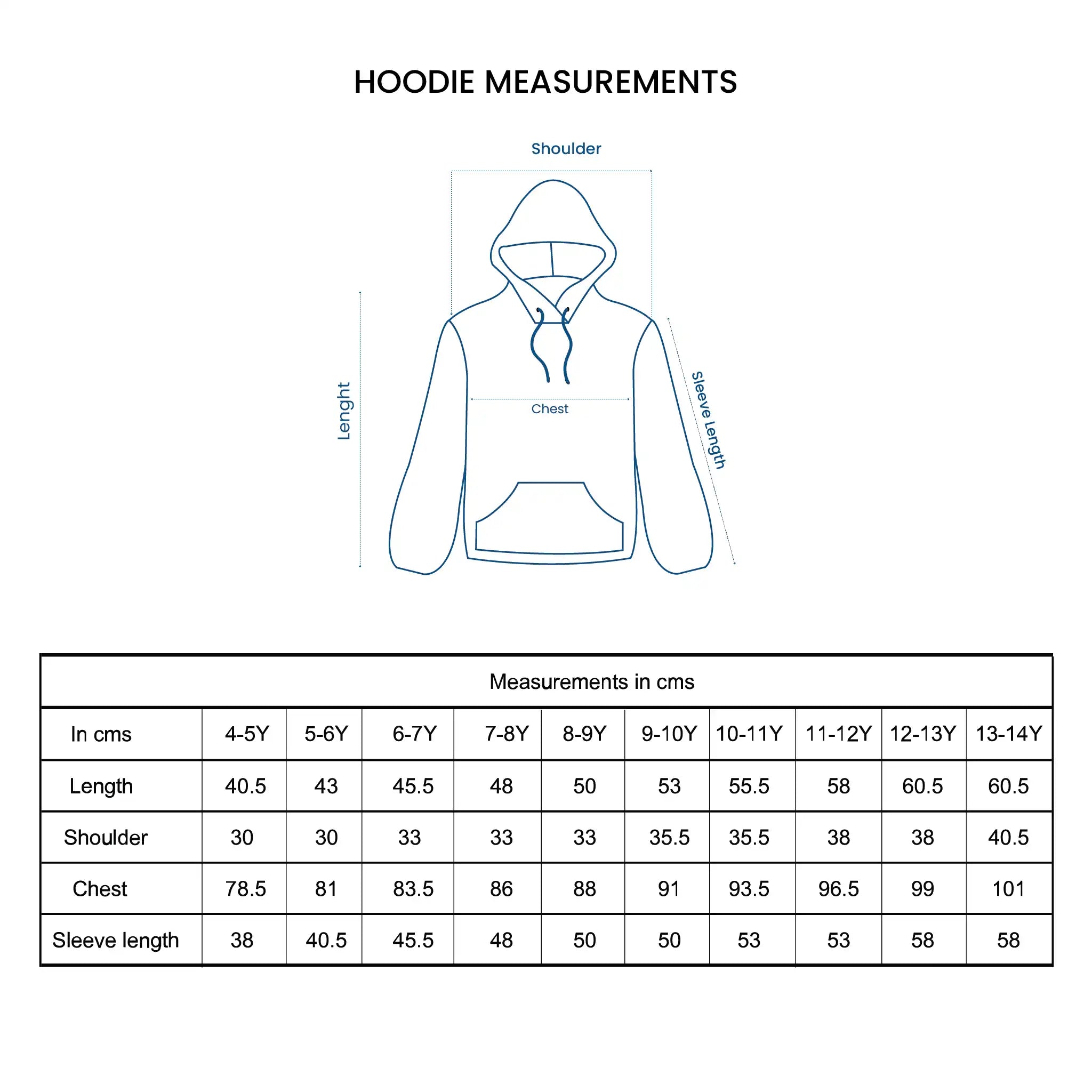 Hoodie measurement chart with a diagram of a hoodie and size chart.
