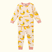 Children's pajama set with banana pattern on a white background