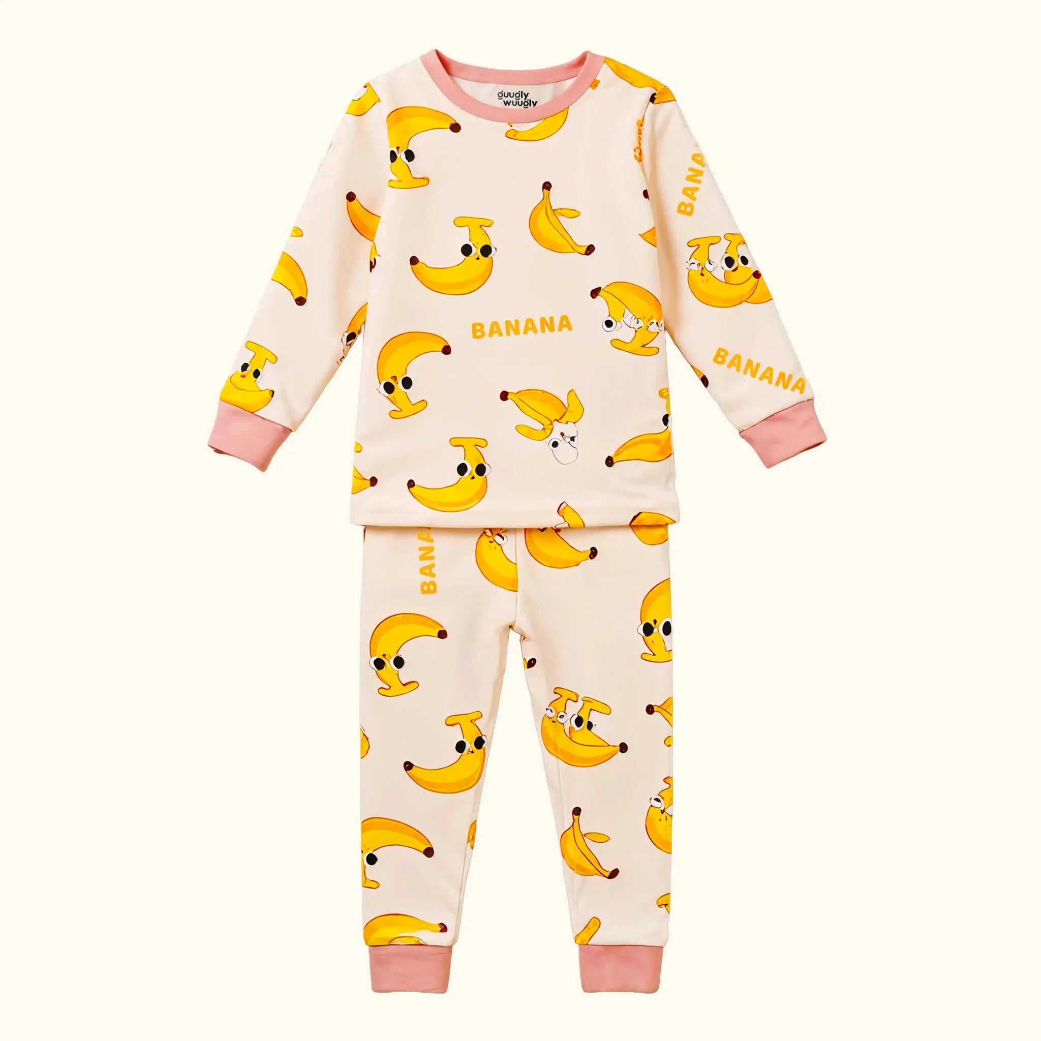 Children's pajama set with banana pattern on a white background