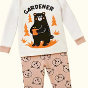 Children's pajama set with bear design and 'Gardener' text on a white background