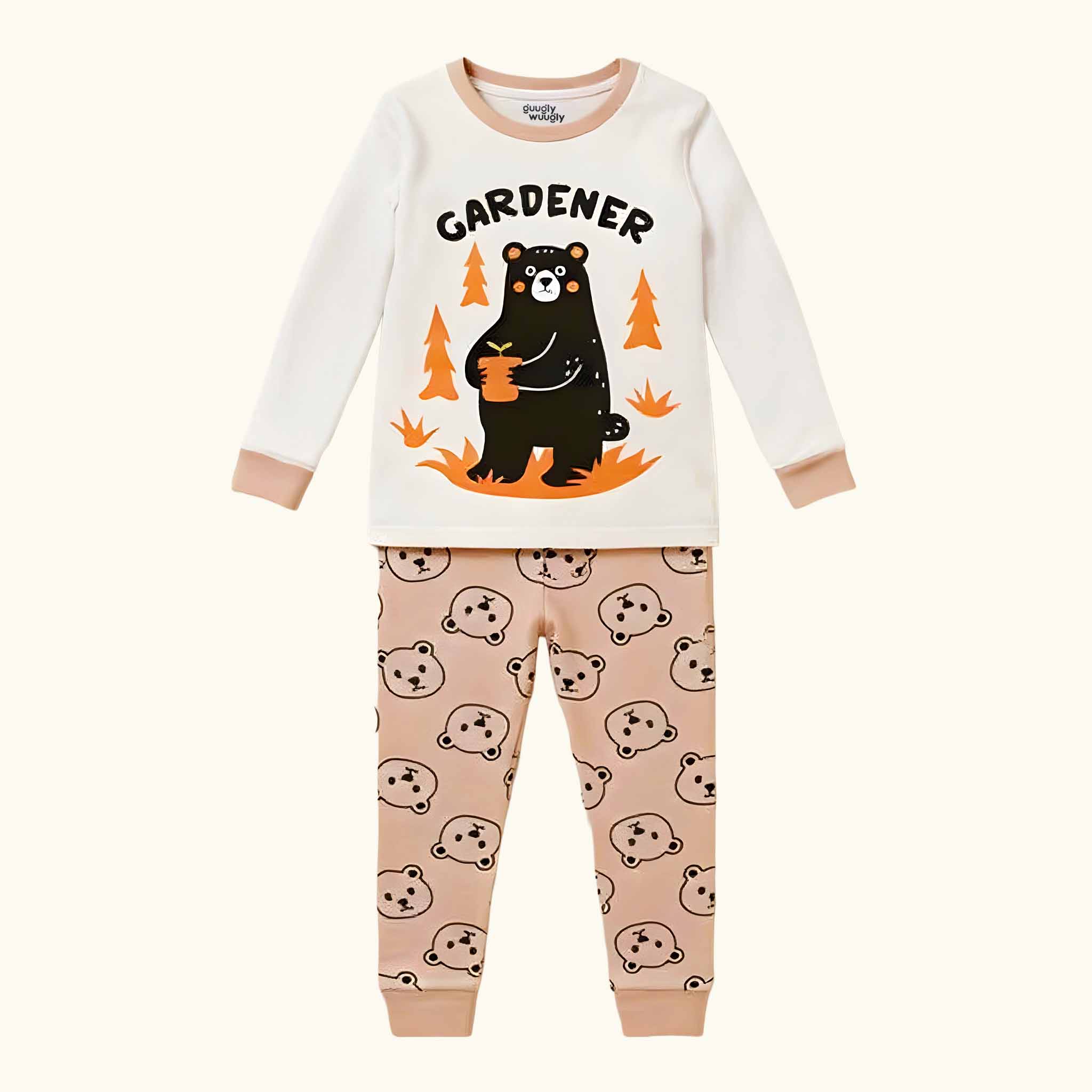 Children's pajama set with bear design and 'Gardener' text on a white background