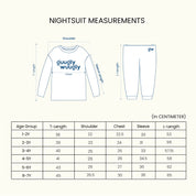 Measurement chart for children's nightsuit with brand logo on a white background