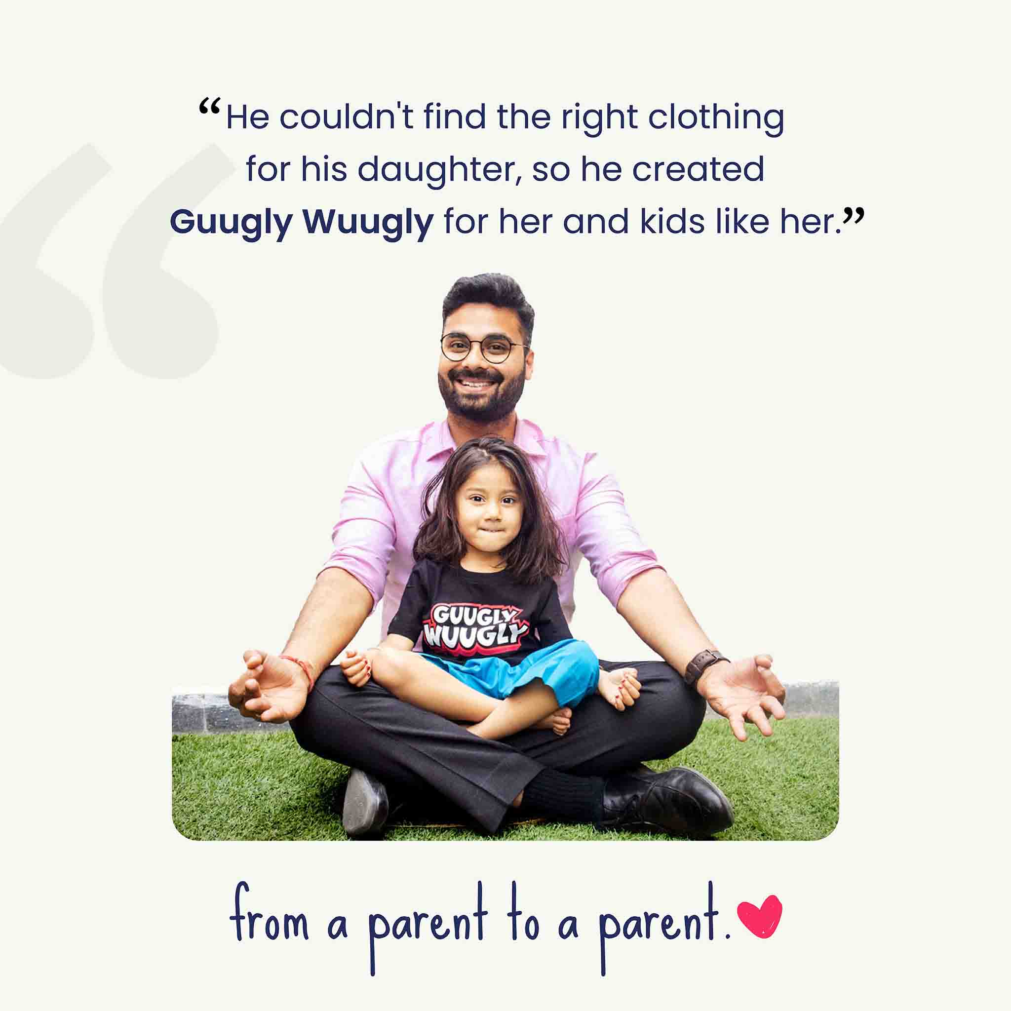 Man sitting on grass with a child wearing a 'Guugly Wuugly' shirt, with text about the brand.