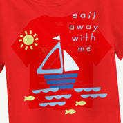 Red t-shirt with a sailboat graphic and text 'sail away with me' on a white background