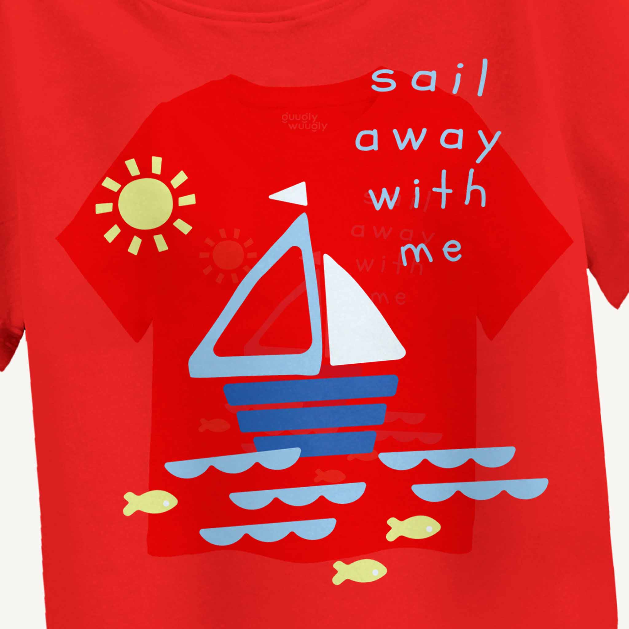 Red t-shirt with a sailboat graphic and text 'sail away with me' on a white background