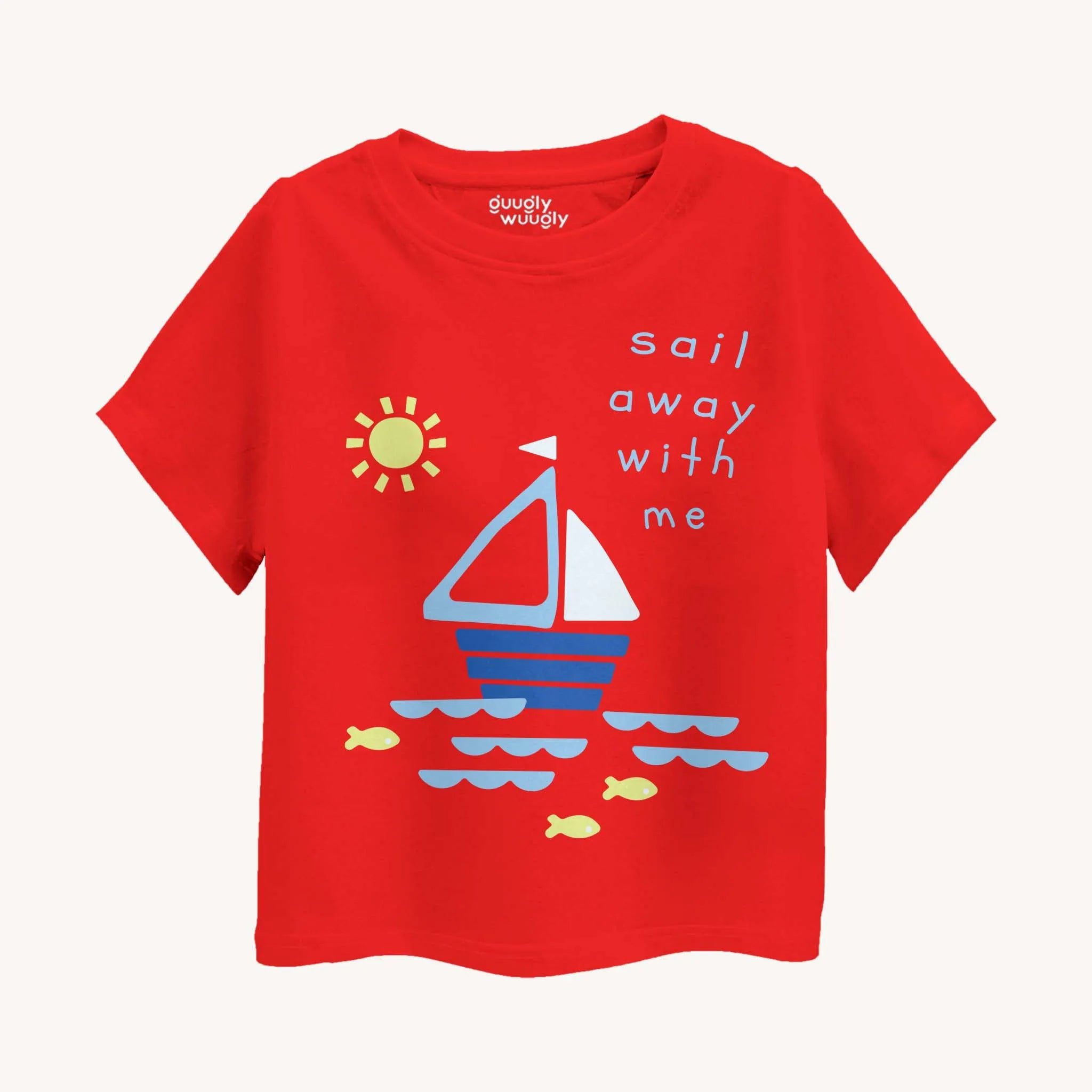Red t-shirt with sailboat design and 'sail away with me' text on a white background