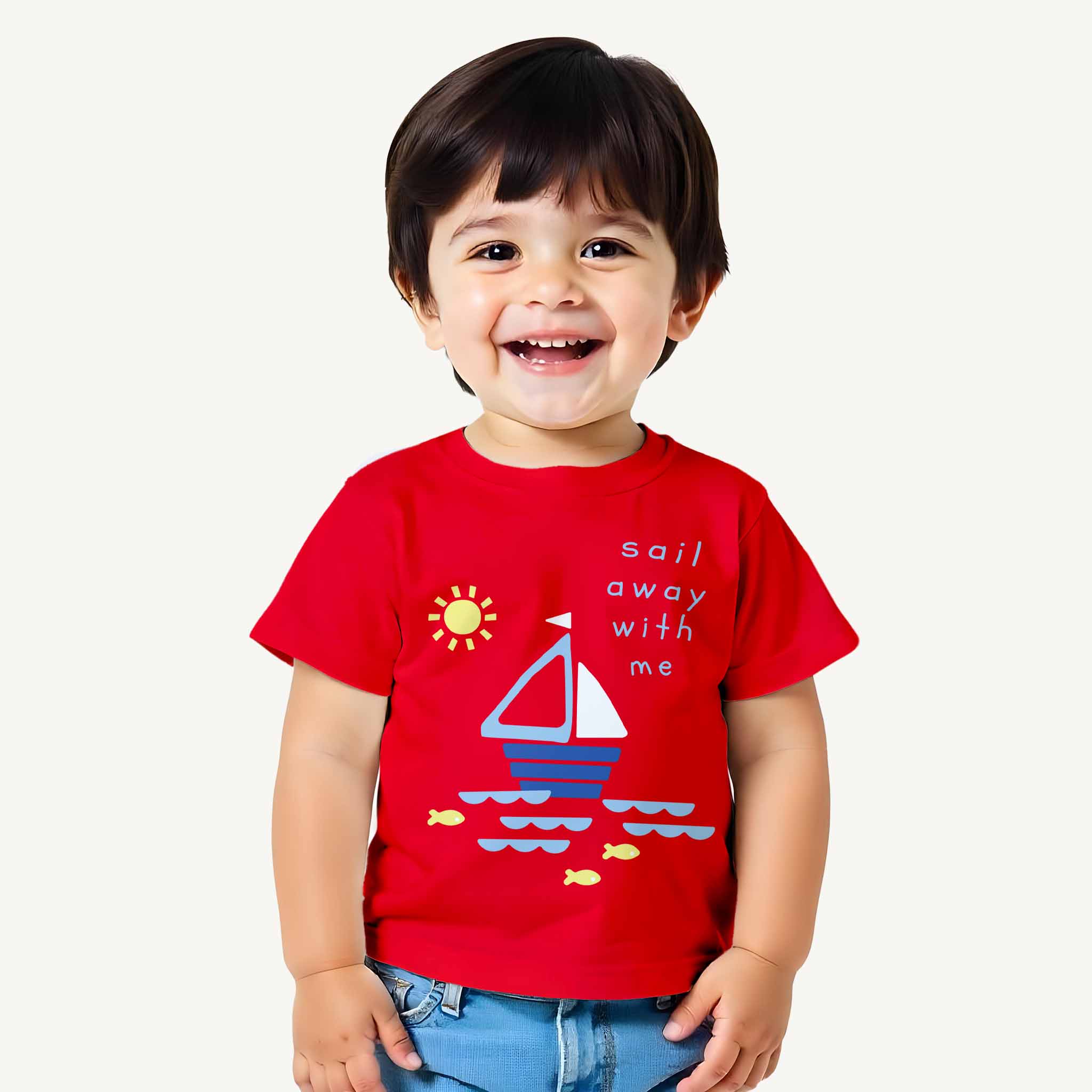 Child wearing a red t-shirt with a sailboat design on a white background