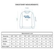 Sweatshirt with 'guugly-wuugly' text and measurement chart on a white background