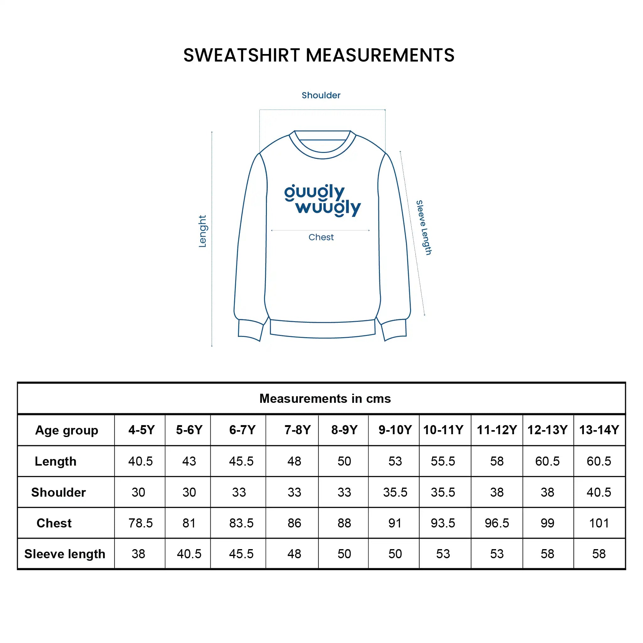 Sweatshirt with 'guugly-wuugly' text and measurement chart on a white background
