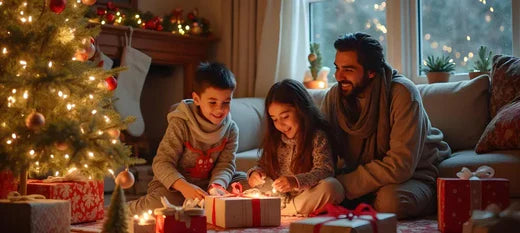 small kids celebrating Christmas with their parents 