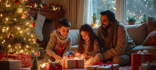 small kids celebrating Christmas with their parents 