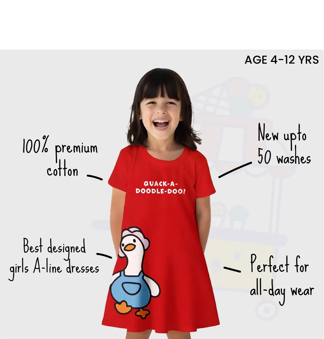 Red dress with duck design and text, worn by a child on a white background