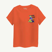 Orange t-shirt with a graphic of a frog playing guitar and the text 'Rock Star' on a white background.