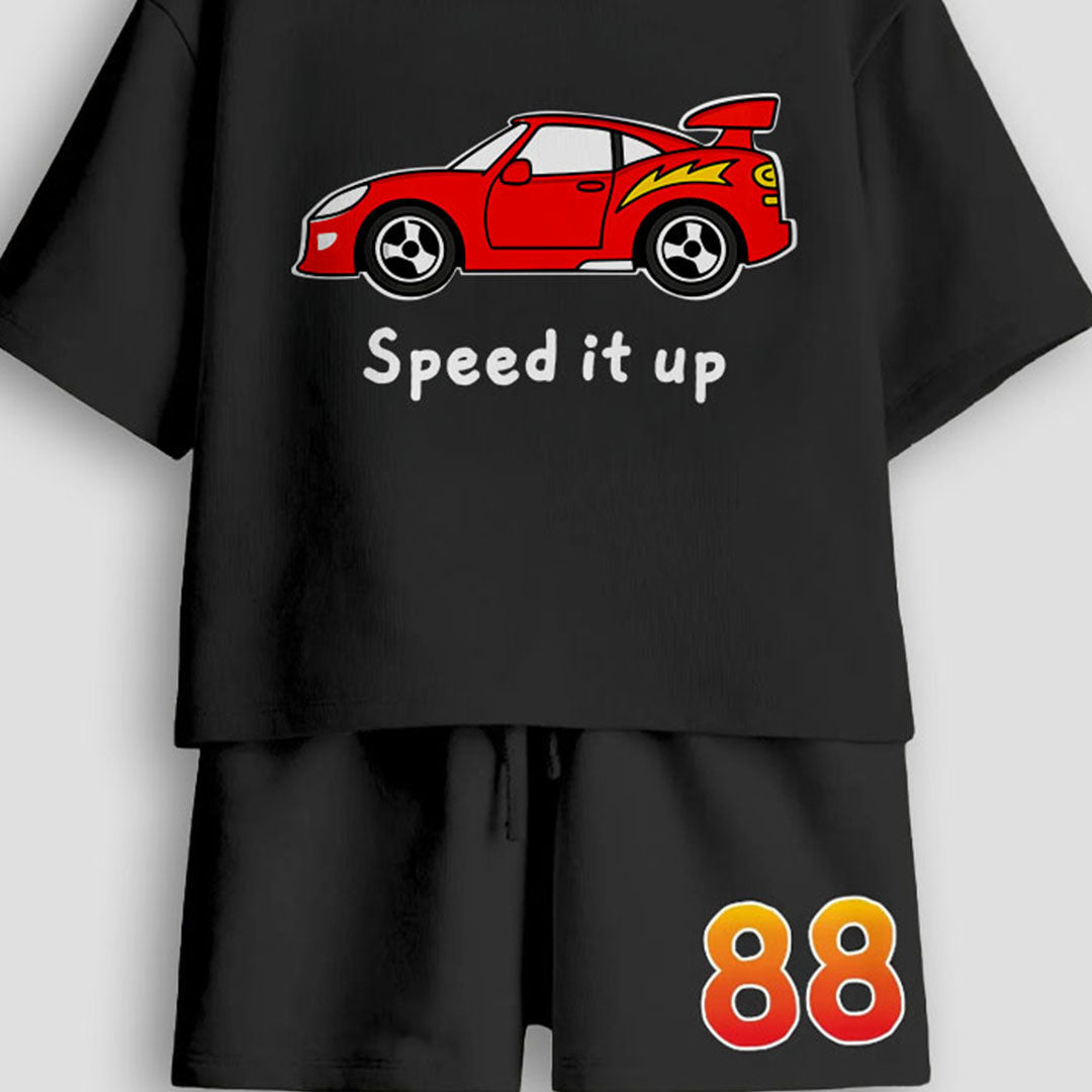 Boy wearing black Speed Car printed cotton co-ord set | Guugly Wuugly