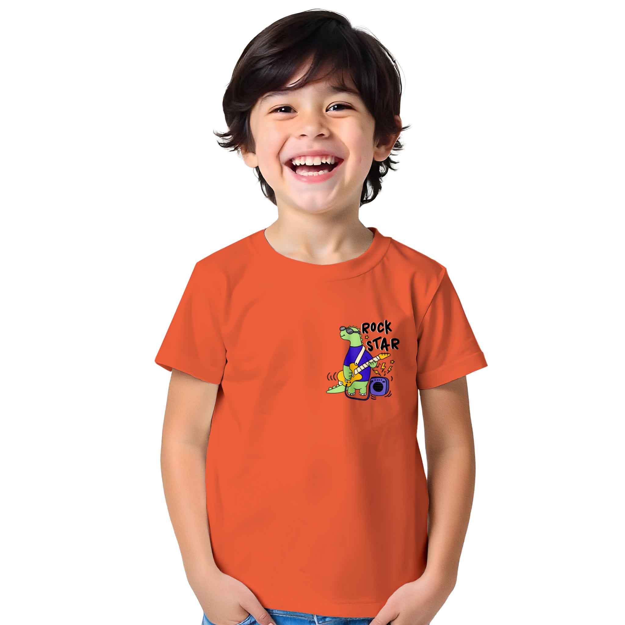 Child wearing an orange t-shirt with a 'Rock Star' graphic on a white background