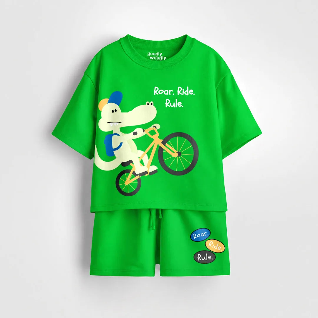 Boys Red PlaySoft Cotton Co-ord – Roar Ride Rule