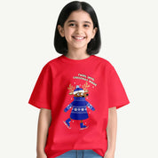 Child wearing a red t-shirt with a Christmas-themed design on a white background