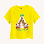Yellow t-shirt with a gingerbread house design and 'Holiday Magic' text on a white background