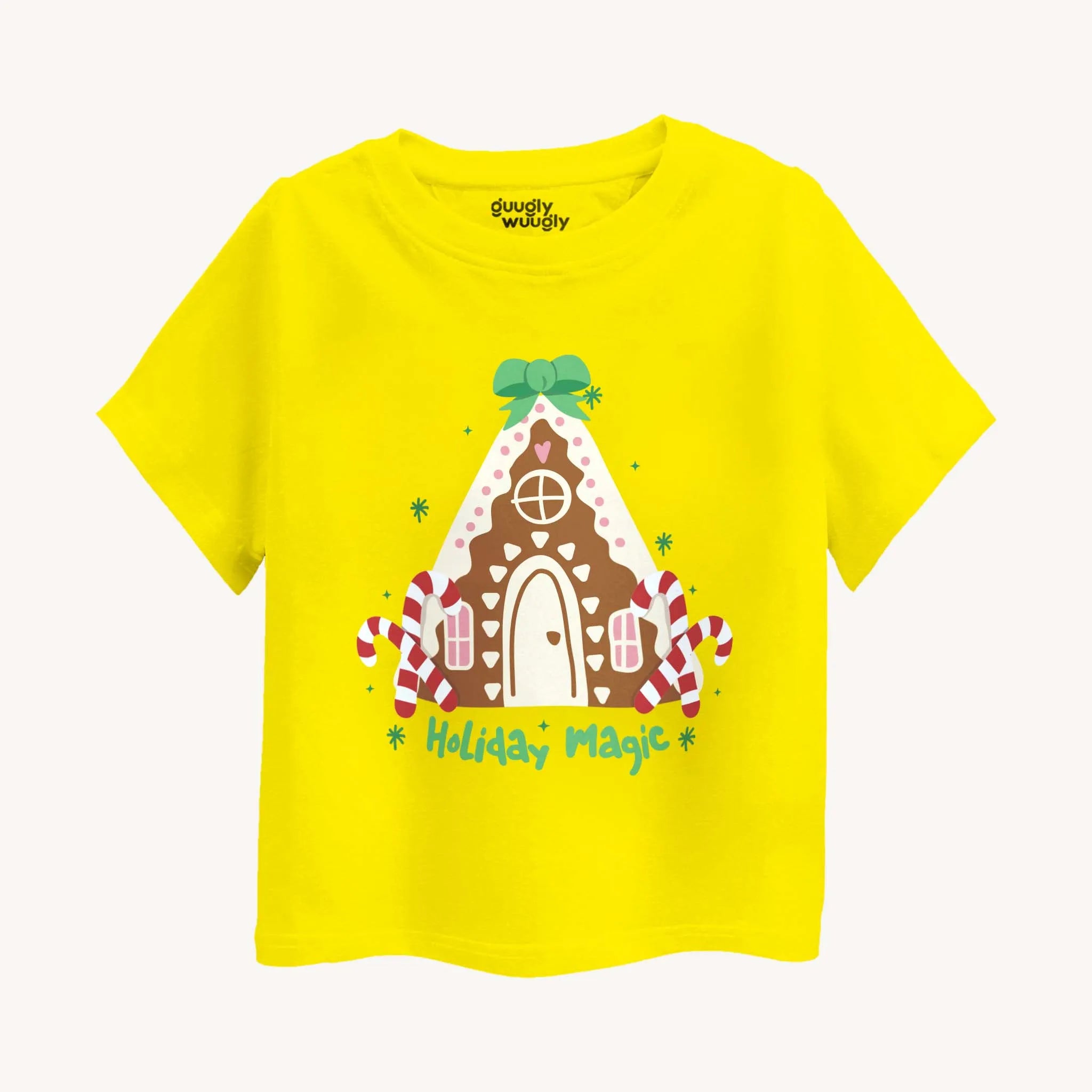 Yellow t-shirt with a gingerbread house design and 'Holiday Magic' text on a white background