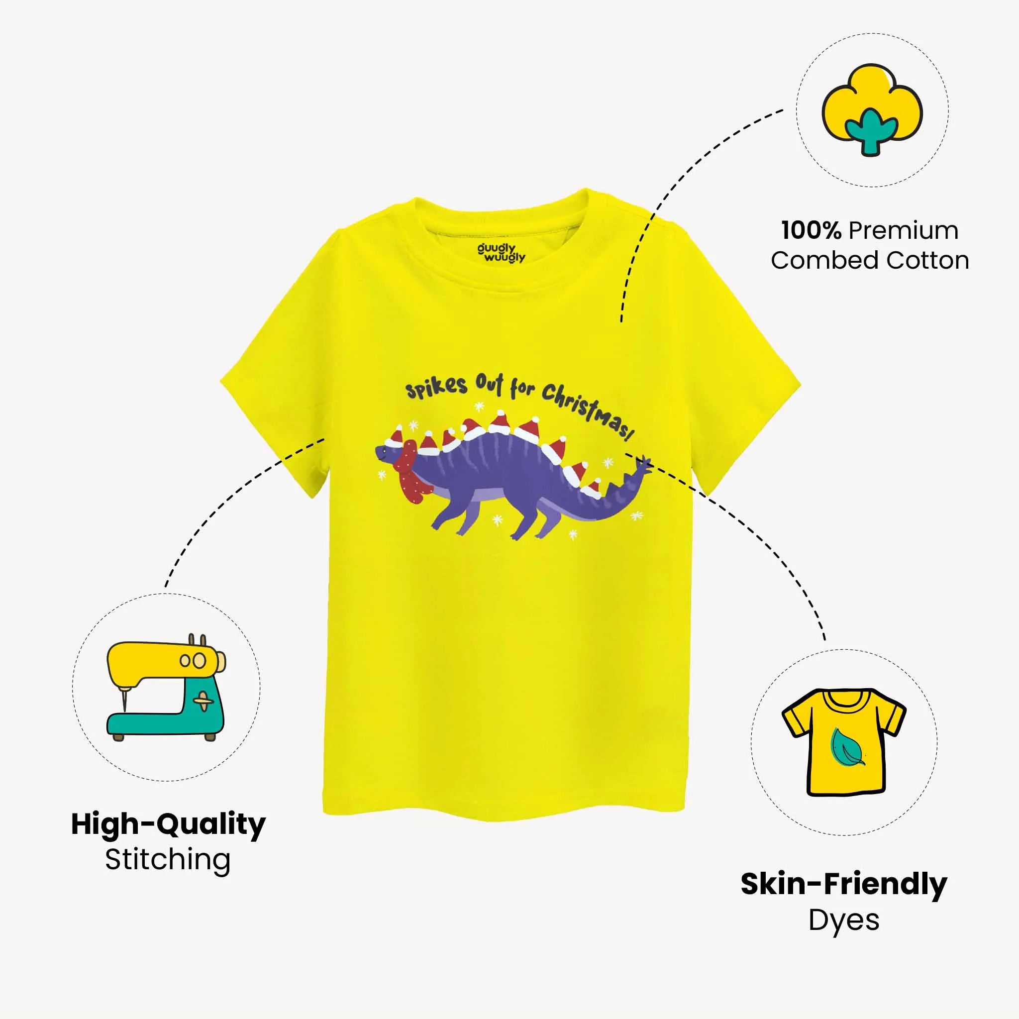 Yellow t-shirt with dinosaur graphic and text, featuring icons and text about fabric quality and design.