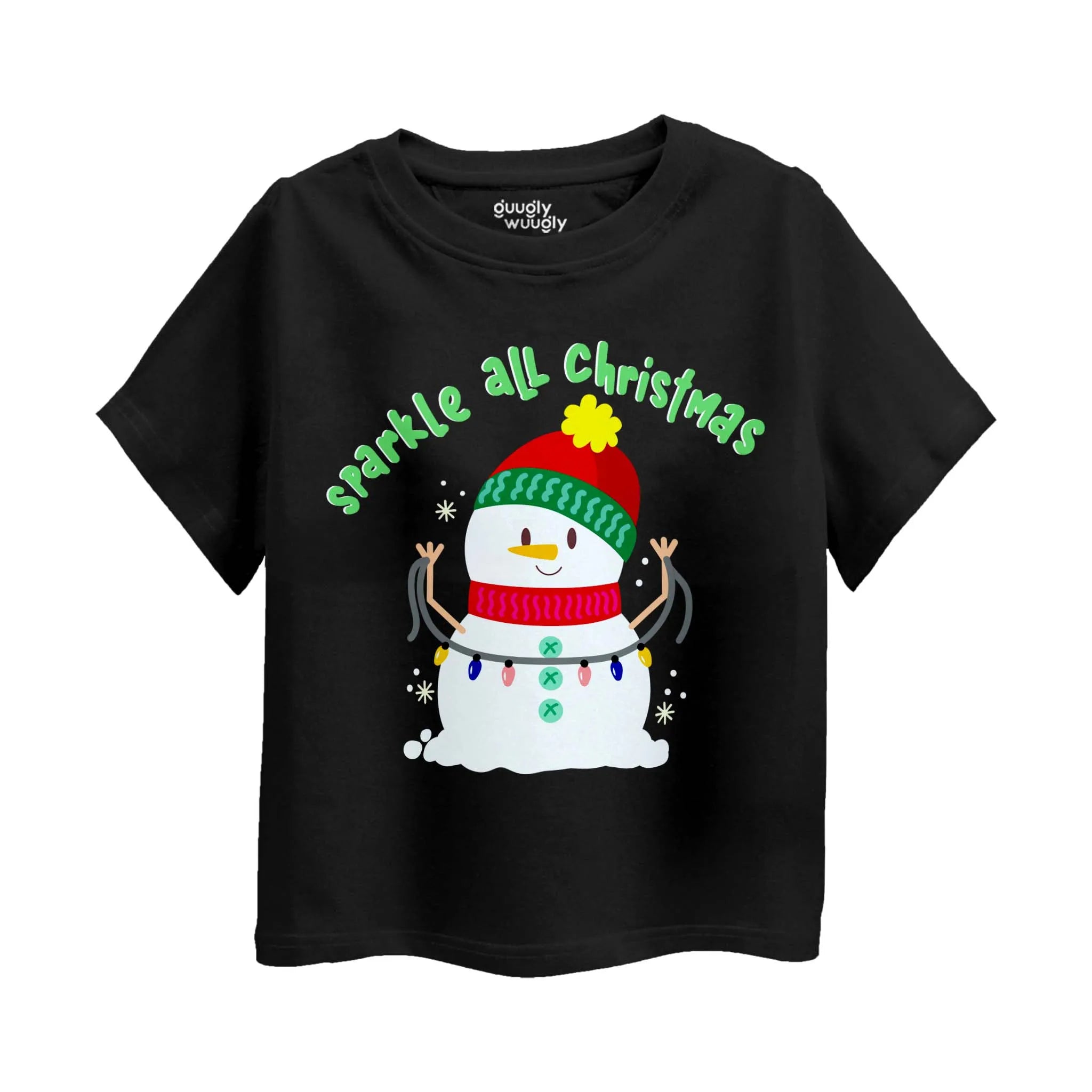 Black t-shirt with a Christmas-themed design of a snowman and text on a white background