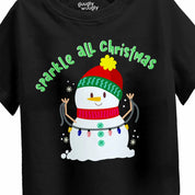Black t-shirt with a snowman design and 'Sparkle All Christmas' text on a plain background.