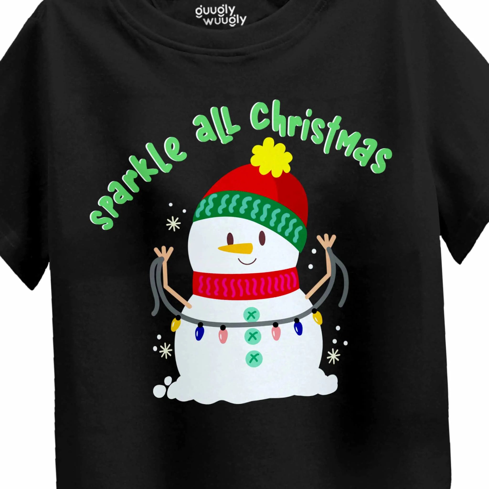 Black t-shirt with a snowman design and 'Sparkle All Christmas' text on a plain background.