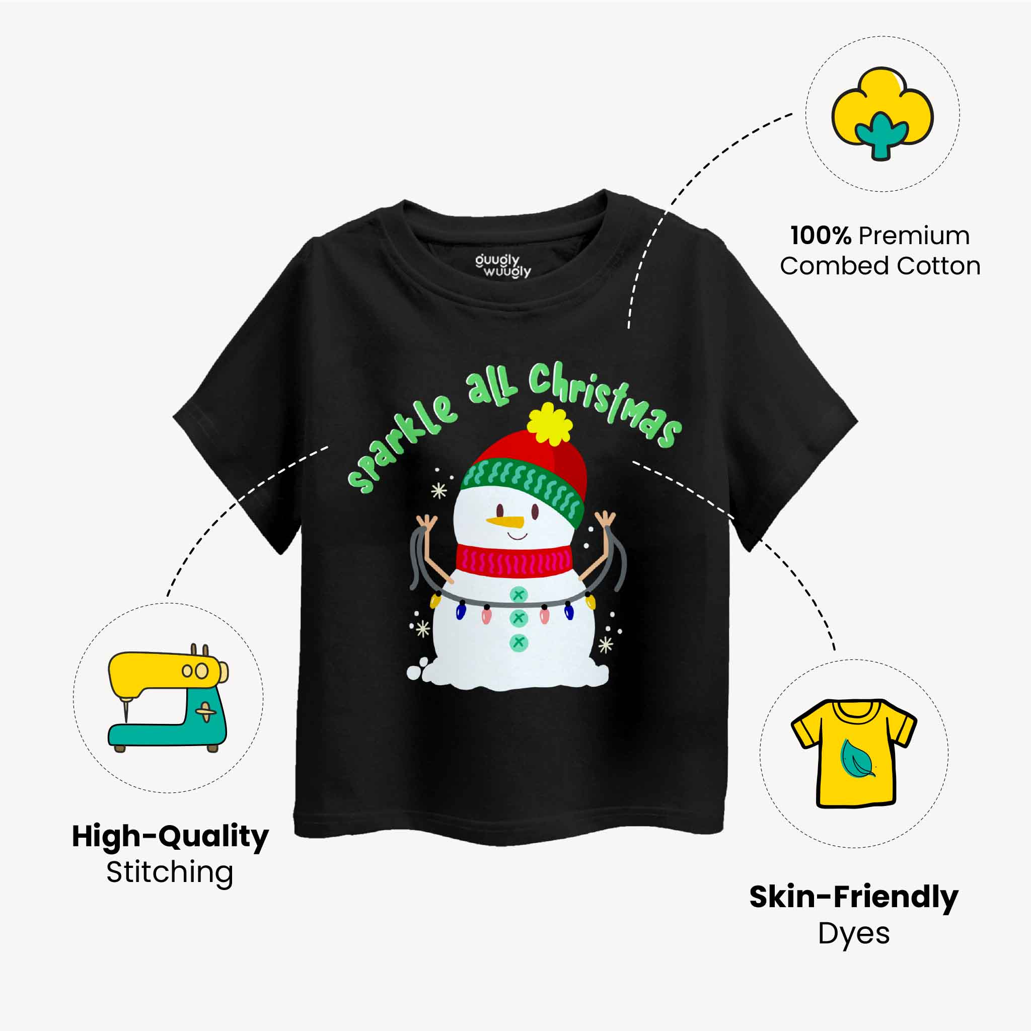 Black t-shirt with Christmas-themed design featuring a snowman and text, displayed on a white background with product features highlighted.
